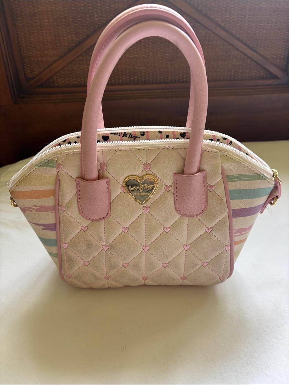 Betsey Johnson Pink & Cream Quilted Heart Satchel with Pastel Stripes